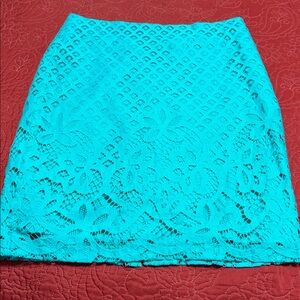 LOFT Petite Mini Lace Exterior Cotton Lining  Teal Green PreOwned Skirt Size 6P.
